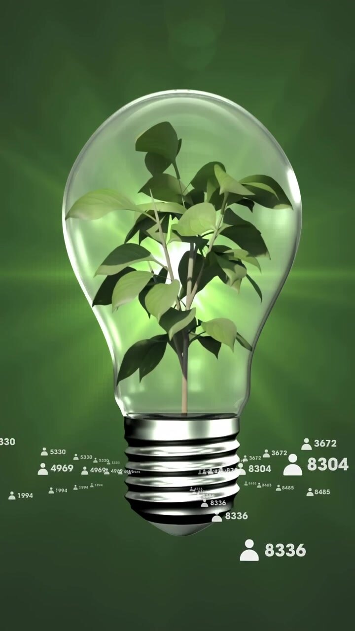 Vertical video: Bulb with plant sprouting at base, green glow, counters rising, showing tech growth