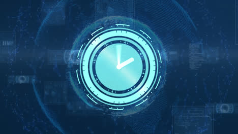 animation of clock moving over globe, connections, data processing and navy background
