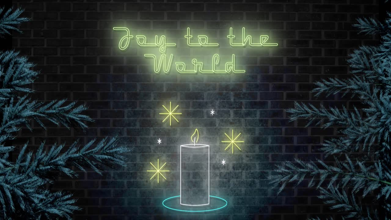 Animation of joy to the world text at christmas over fir trees and candle
