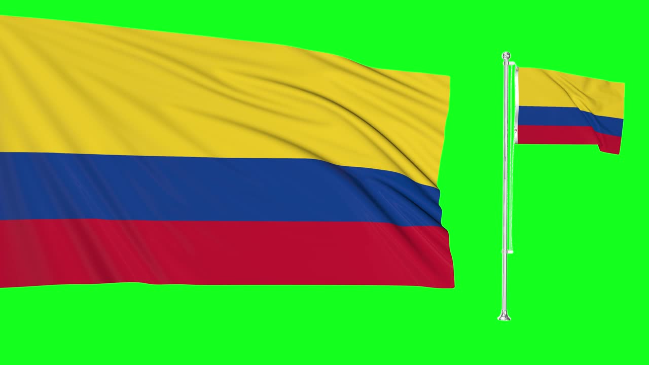 pantalla verde hiper realista bucle de colombia dos banderas ondeando en el viento asta de la bandera colombiana revoloteando con animación de textura de tela muy detallada 4k 3d clave de croma