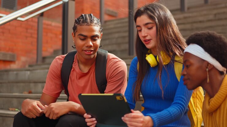 Students Studying Together on Campus Stairs