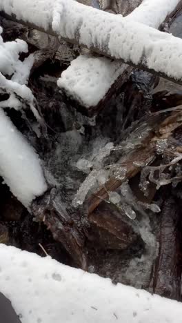 in early spring in norway, water flows through and beneath the ice and snow in the forest