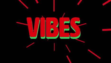 animation of vibes text with red rays on black background