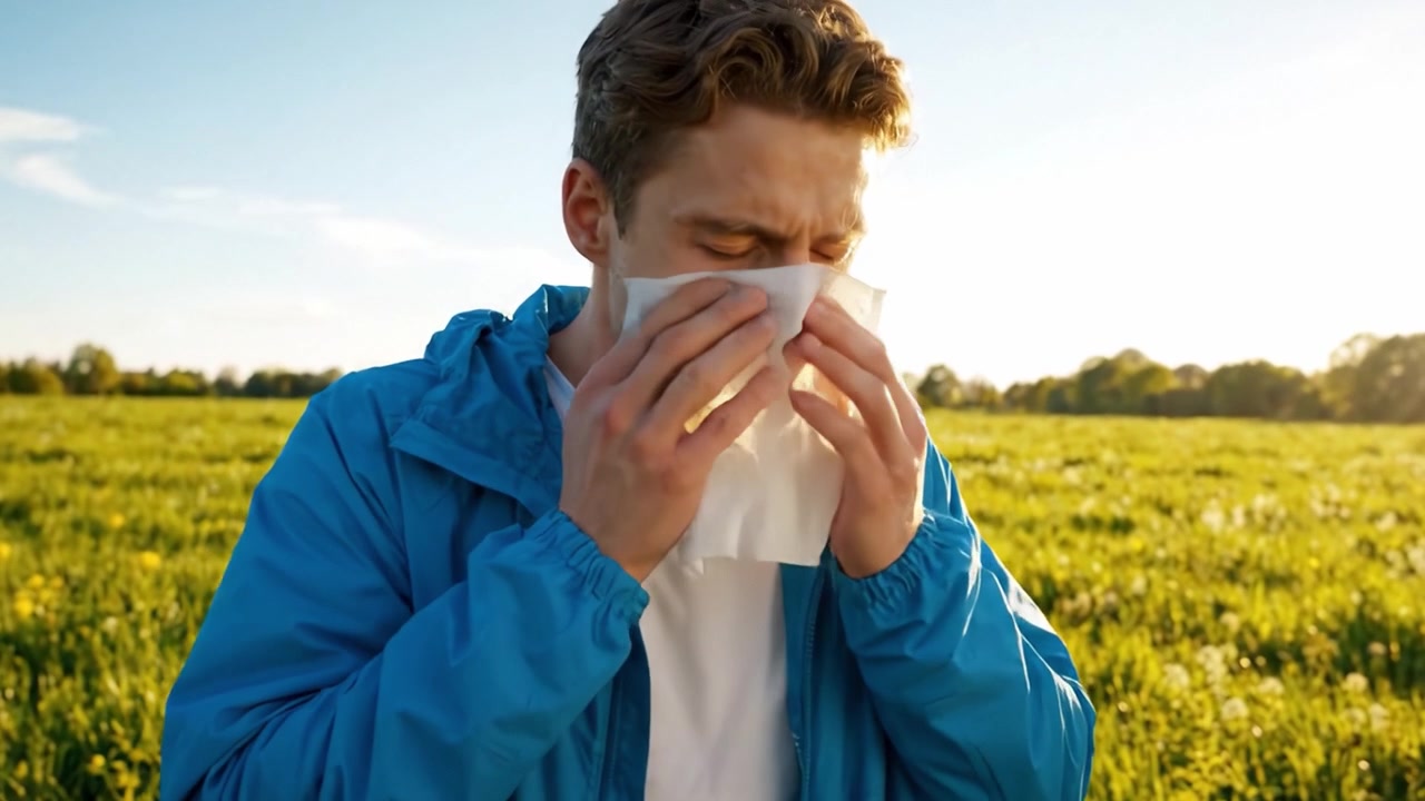 Jonge man niest terwijl hij geniet van een mooie dag in een weelderig groen veld onder een helderblauwe lucht, een moment van allergische reactie en natuurlijke schoonheid vastleggend
