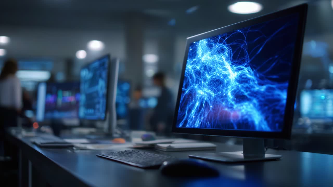 High-Tech Workspace Featuring Monitors with Dynamic Blue Electrical Patterns and Vibrant Display Graphics that Illuminate a Modern Digital Environment