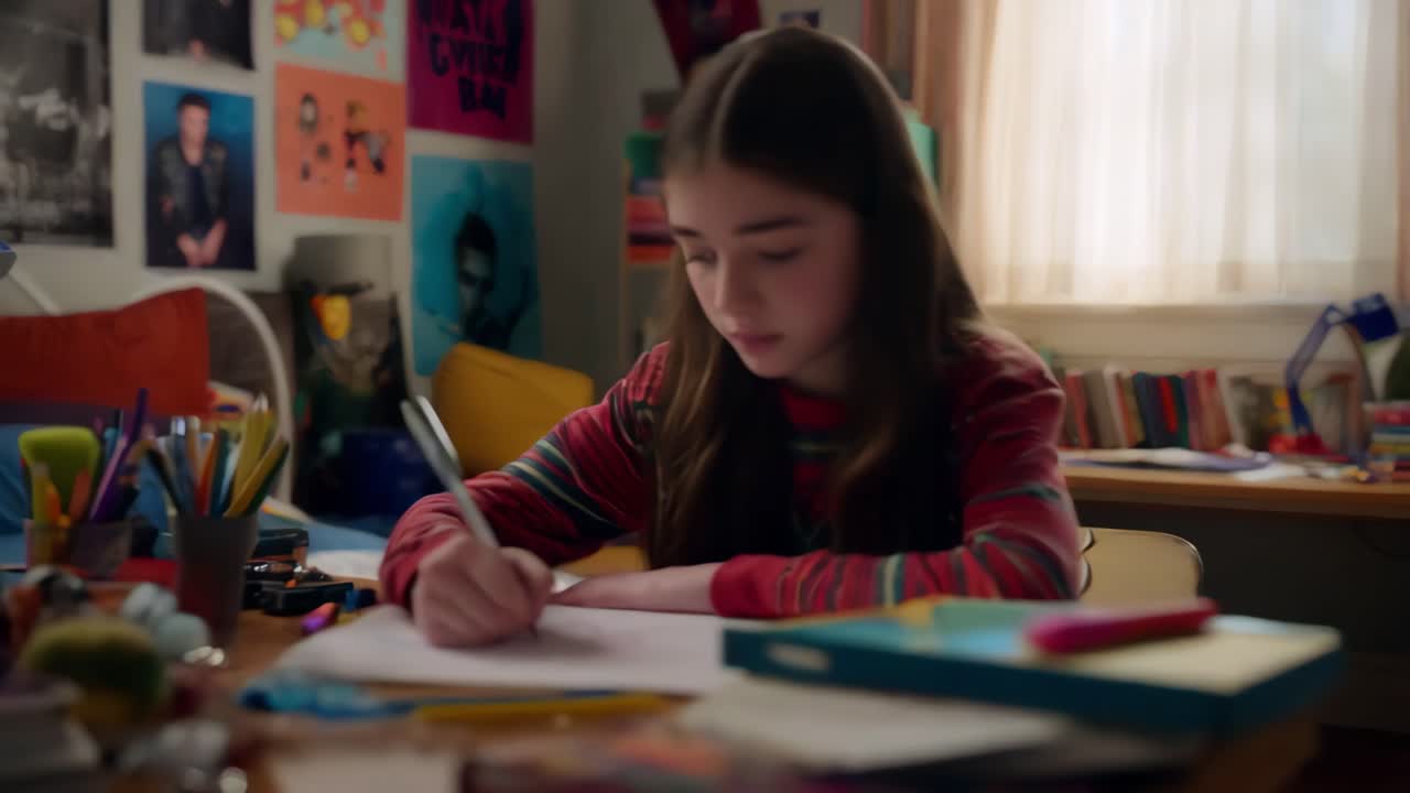 chica adolescente dibujando en su dormitorio