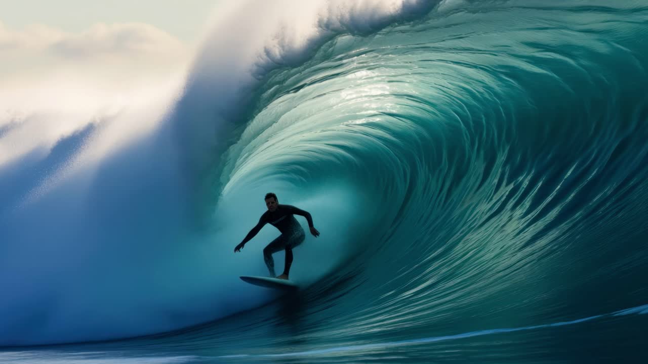 Video dinamico che riprende un surfista all'interno di un'onda gigantesca, mostrando l'emozione del surf