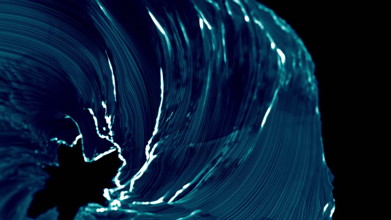 Blue wavy swirling whirlpool on dark background. 3d animation loop