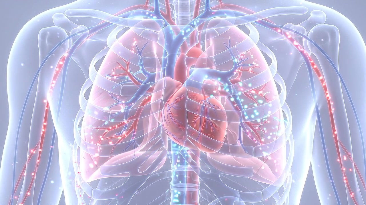 Transparent chest revealing lungs heart and branching vascular system in medical view