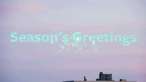 animation of season's greetings and fireworks over cityscape in background