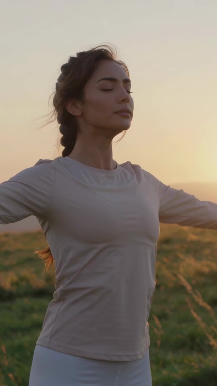 Video vertical: Mujer respirando con top beige y pantalones claros, abriendo el pecho mientras el sol se pone en una colina para la calma.