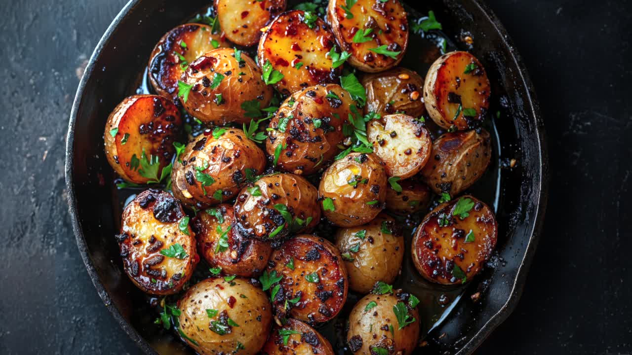 Primo Piano di Patate Arrosto in una Padella con Erbe Aromatiche