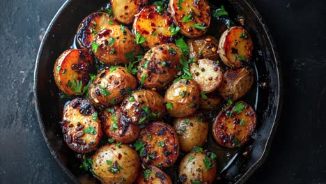 close-up of roasted potatoes in a skillet with herbs