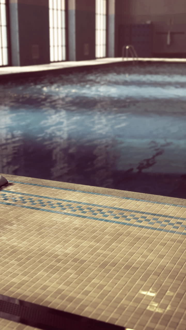 Piscina interna con bordi piastrellati e riflessi sulla superficie dell'acqua