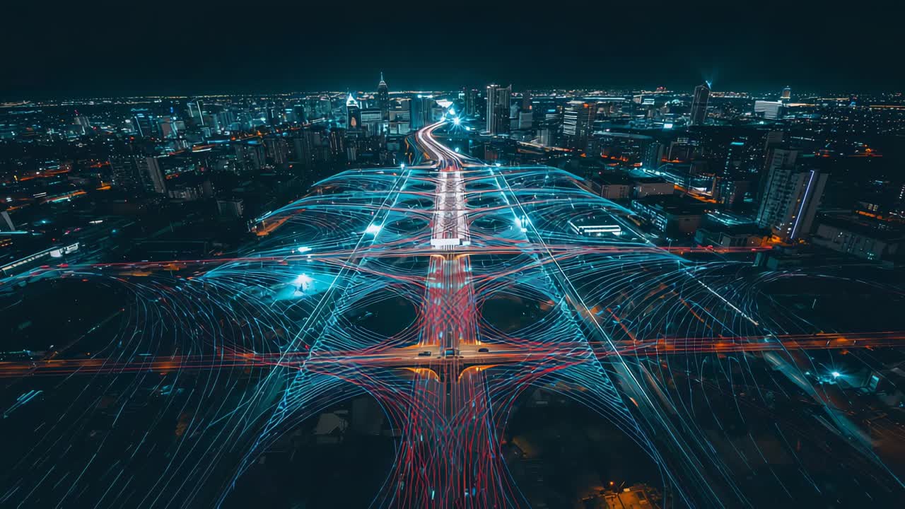 Tracciamento di uno svincolo autostradale a più corsie che mostra scie rosso-blu con traffico verso lo skyline notturno
