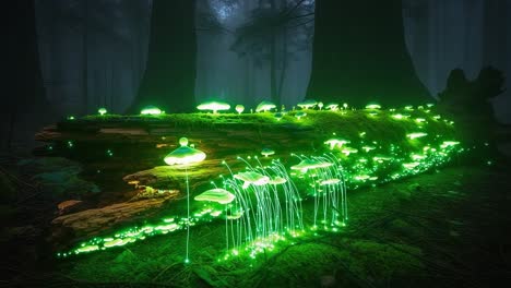 a mystical forest scene featuring glowing mushrooms on a fallen log, bathed in an ethereal light amidst a foggy background, inviting a sense of wonder and discovery