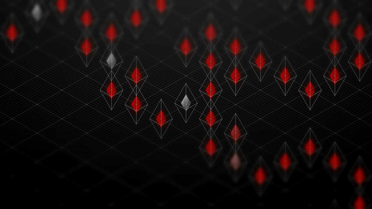 Abstract 3D isometric virtual wireframe octahedron and red core with square mesh pattern illustration, Blockchain technology concept design on black background, seamless looping animation 4K