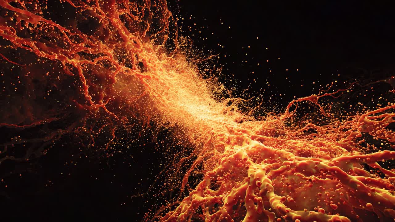 Dynamic Flow of Lava-Like Substance Exploding with Energy and Particles Against a Dark Background in Two Stunning Visual Frames Capturing Motion and Vivid Colors