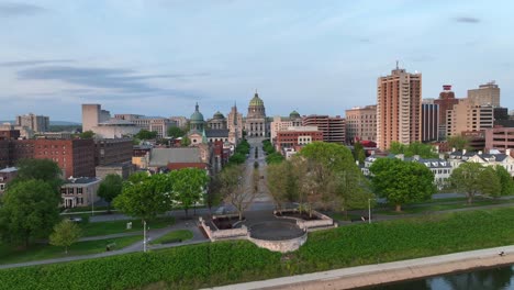 Aerial-rising-shot-over-Susquehanna-River-looking-over-State-Street-towards-Pennsylvania-capitol-building