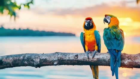 two macaw parrots on a branch at sunset by the water