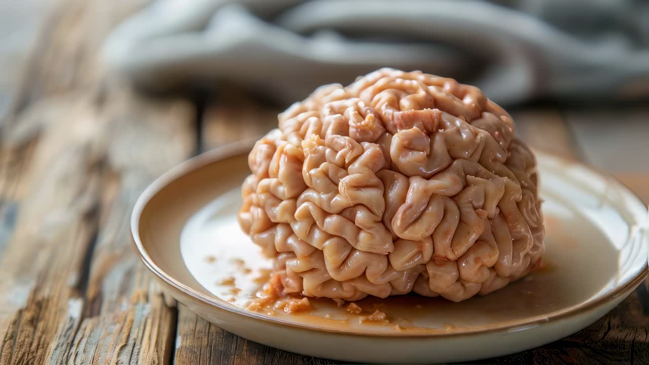Raw bovine brain resting on wooden rustic plate, displaying culinary preparation and scientific specimen for nutritional ingredient in gourmet cooking process