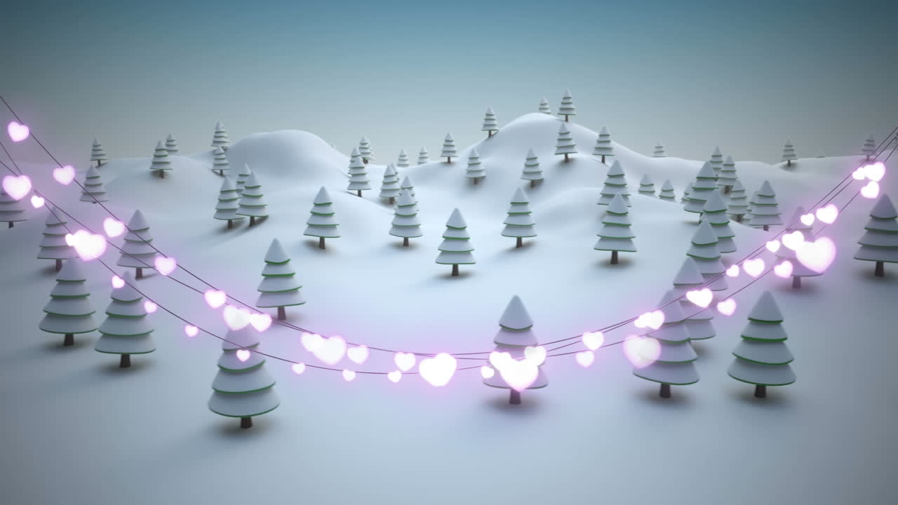 Decoração de pisca-pisca brilhantes em formato de coração contra neve caindo sobre uma paisagem de inverno