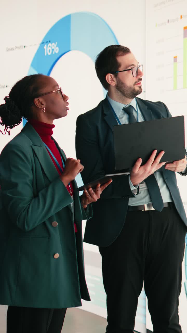 Vertical video Collaborating, fiscal metrics and corporate managers evaluating performance