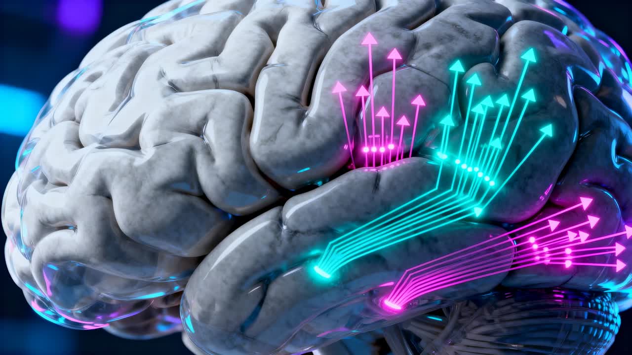 Opening camera revealing right brain model emitting turquoise magenta paths in dark lab with nodes