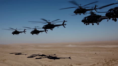 military helicopters in flight over desert landscape