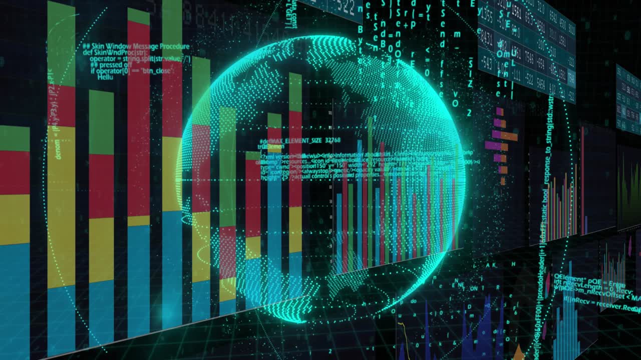 holographic Earth emerging and rotating as code scrolling and charts updating showing data cycle