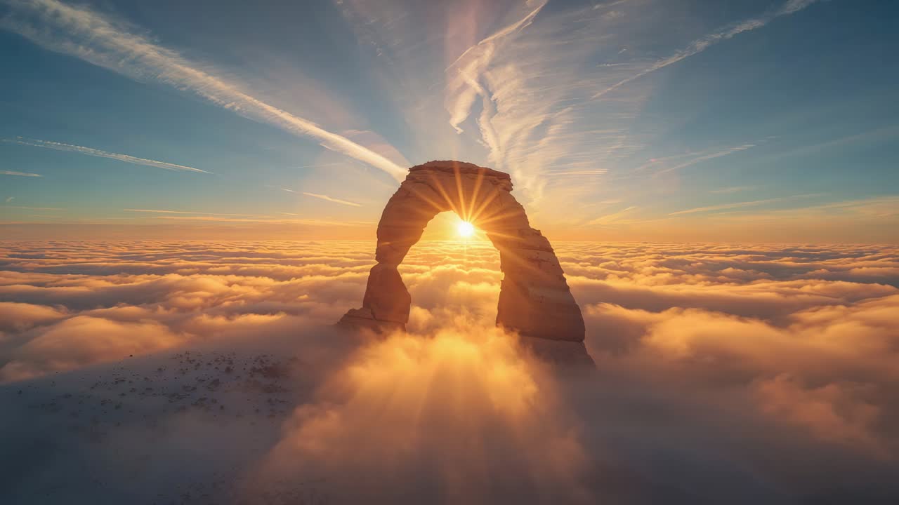 Glowing sandstone arch bathing sea of clouds at sunrise, sun shifting through opening