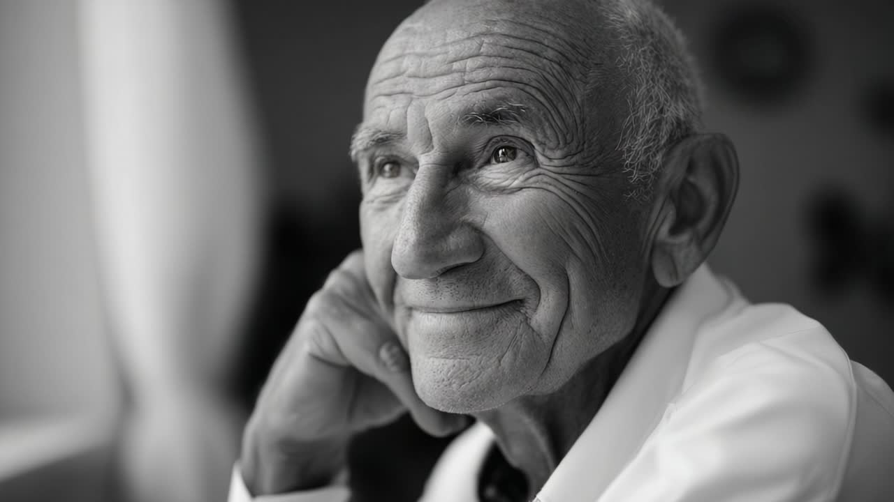A Thoughtful Elderly Man Gaze Reflecting on Life's Journey with a Gentle Smile Captured in a Black and White Portrait