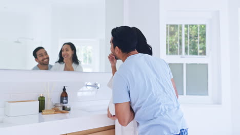 Home-bathroom,-brushing-teeth-or-couple-surprise