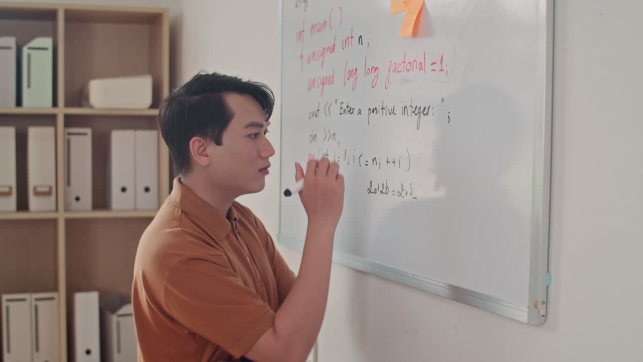 Developer Writing Programming Code on Whiteboard at Office