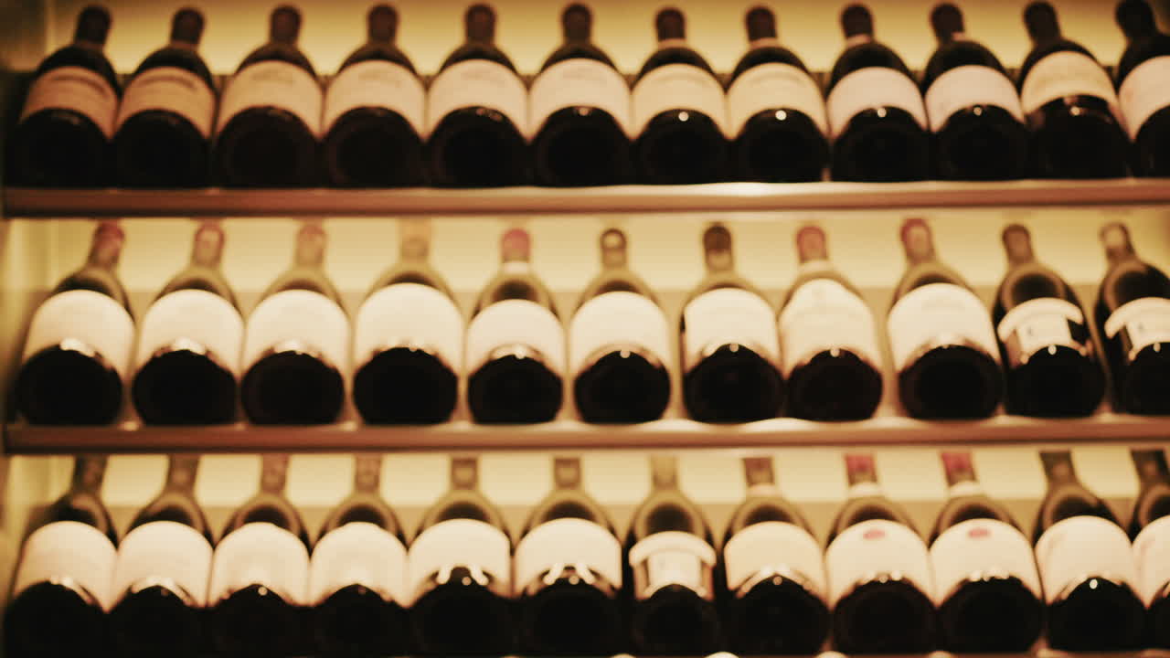 File di bottiglie di vino disposte ordinatamente su scaffali leggermente illuminati in una cantina o all'interno di un ristorante