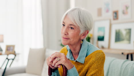 Couch,-thinking-and-senior-woman-with-a-cane