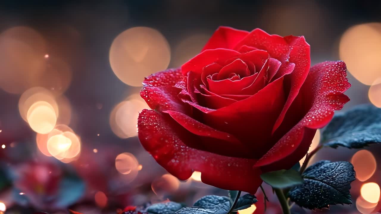 A red rose is the main focus of the image, surrounded by a dark background. The rose appears to be the center of attention, drawing the viewer's eye to it. The dark background creates a sense of depth