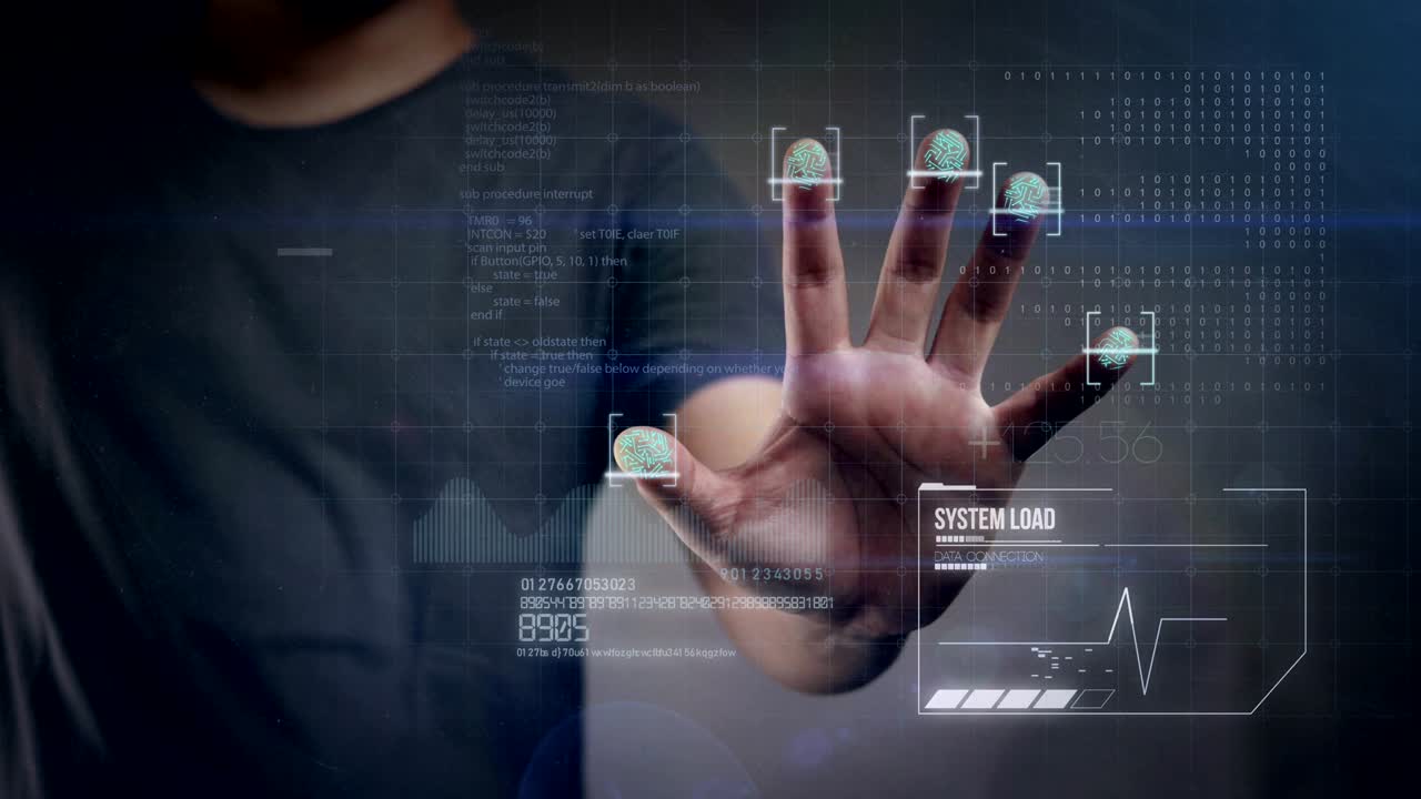 hombre escaneando la huella dactilar para acceder a los datos. futuro concepto de mundo digital