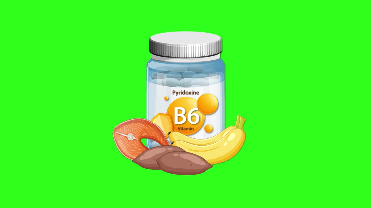 Vitamin B6 supplement bottle and fruits appear with smooth transitions on vibrant green background