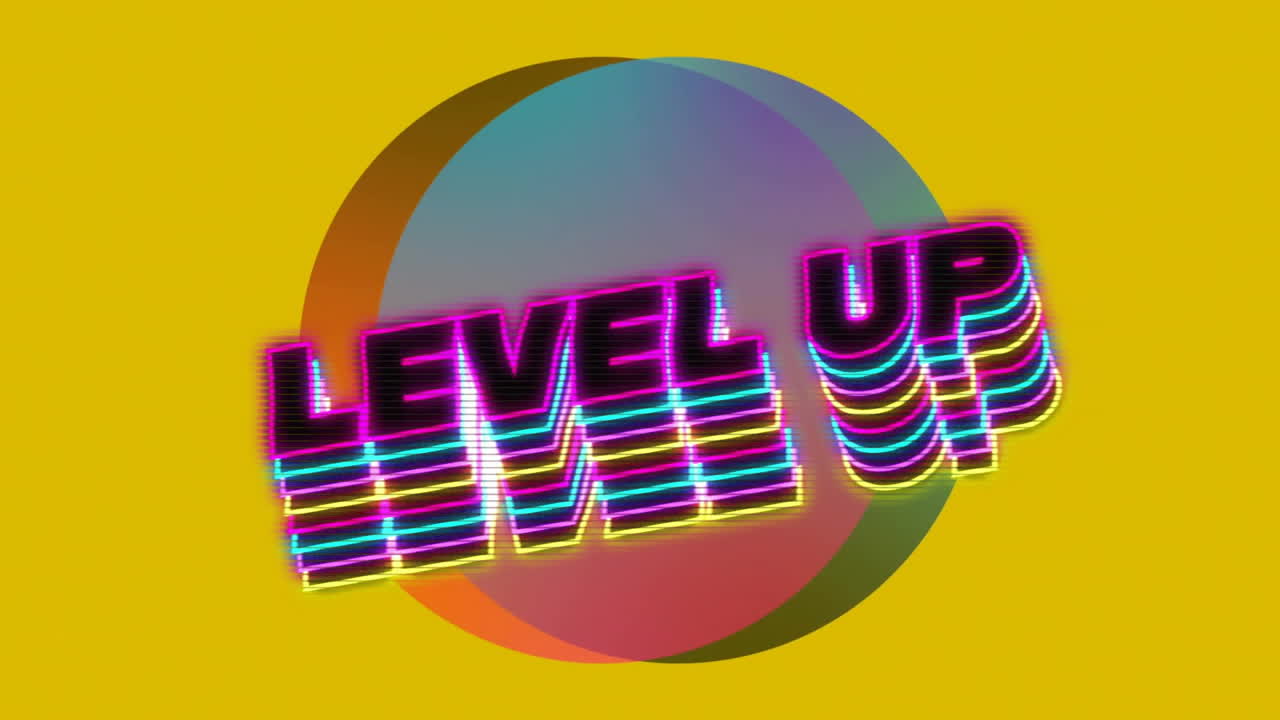 Animation of level up text over colourful circles on yellow background