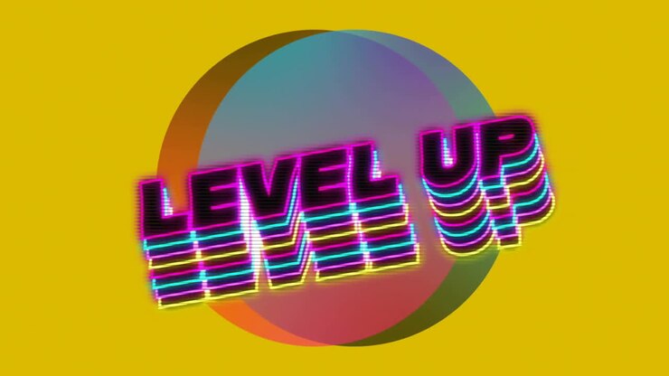 Animation of level up text over colourful circles on yellow background