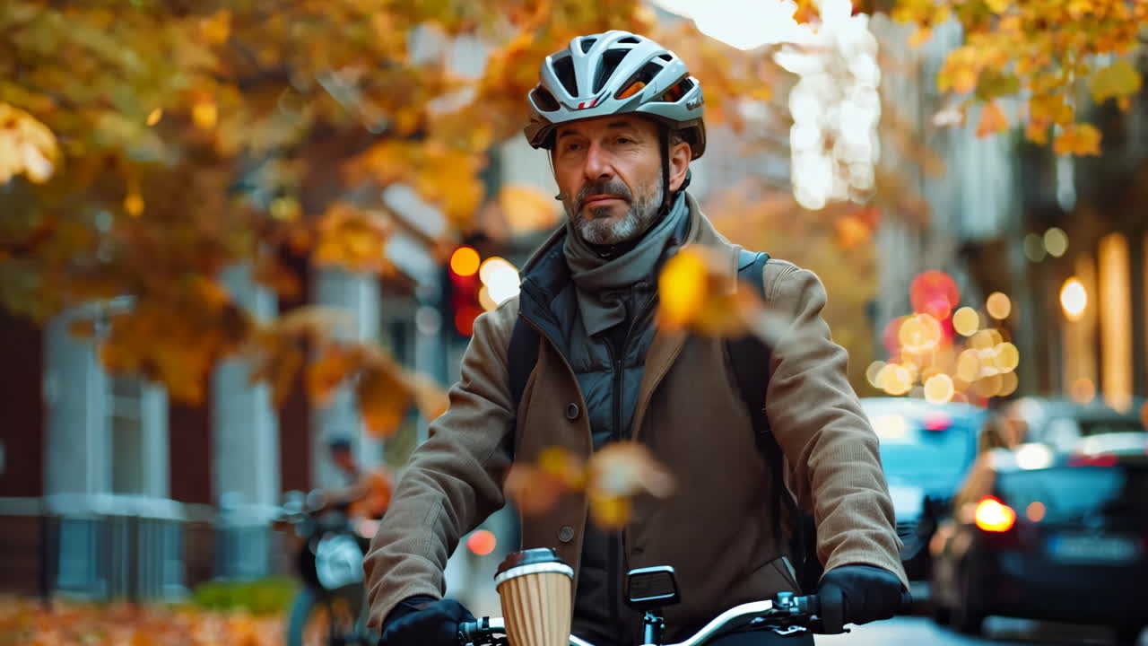 A man wearing a helmet and a brown coat is walking down a street with a cup in his hand