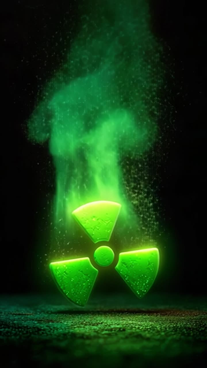 Cautivador símbolo de radiación verde emitiendo vapor místico en una atmósfera oscura, iluminando los alrededores con un brillo luminoso y efectos visuales intrigantes