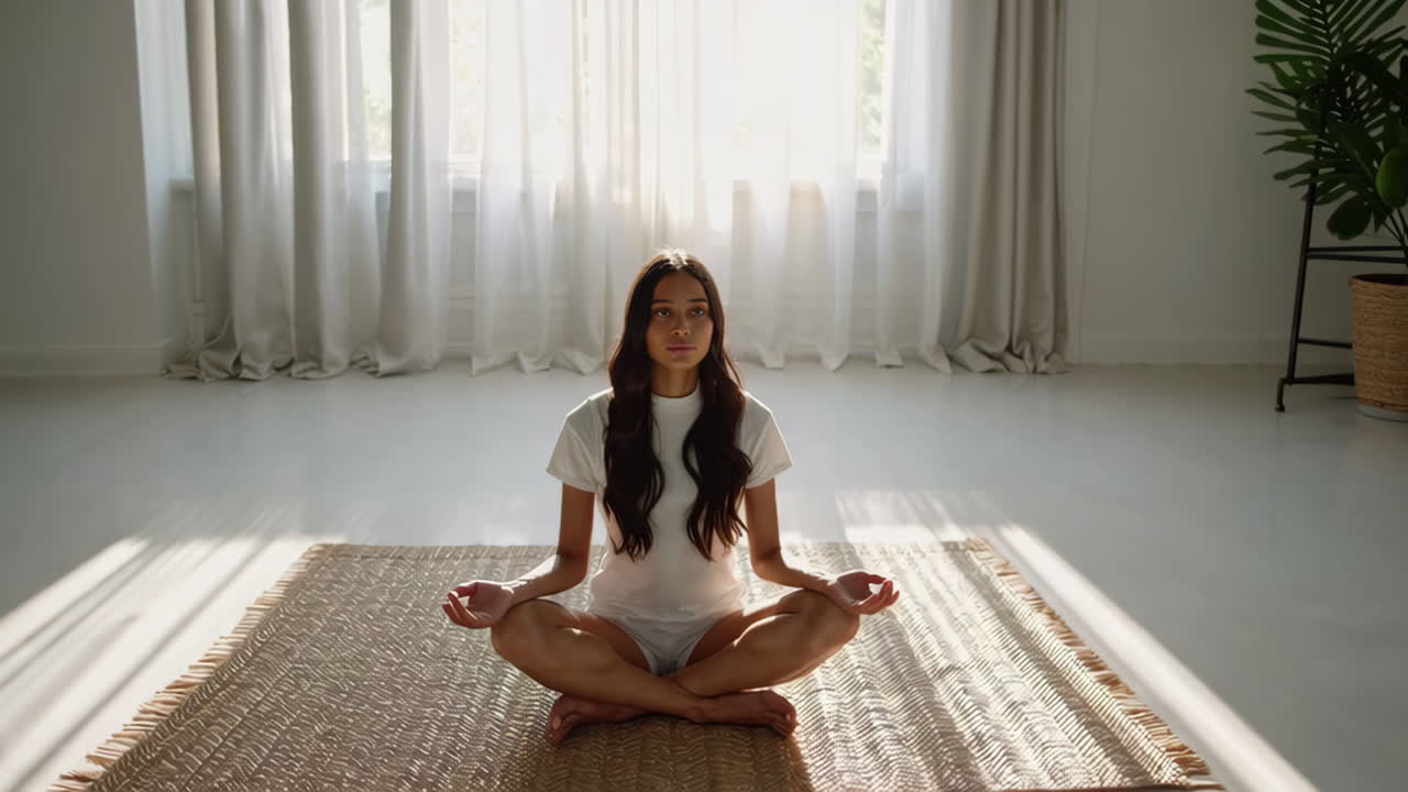 mujer meditando en un ambiente doméstico pacífico