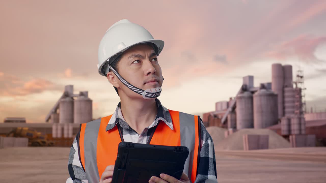 Close Up Of Asian Male Engineer With Safety Helmet Looking At The Tablet In His Hand And Looking Around While Standing at Industrial Cement Plant with Mixer Trucks at Sunset