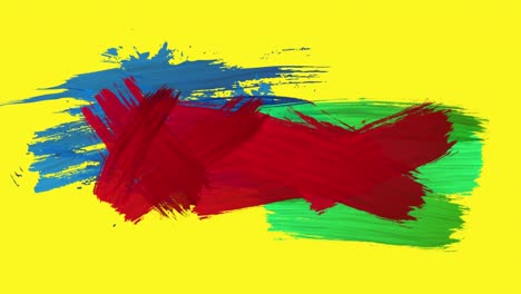 Animation-of-strokes-of-blue,-red-and-green-paint-appearing-on-yellow-background.