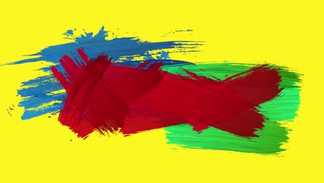 animación de trazos de pintura azul, roja y verde que aparecen sobre un fondo amarillo.