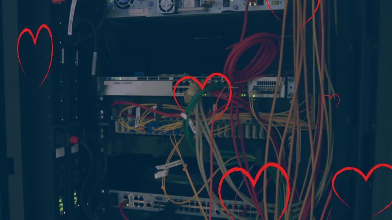 animación de corazones cayendo sobre los cables de la computadora