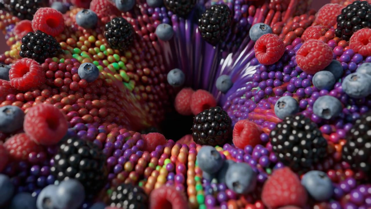 Abstrakte 3D-Animation: Beeren wirbeln in einen Strudel