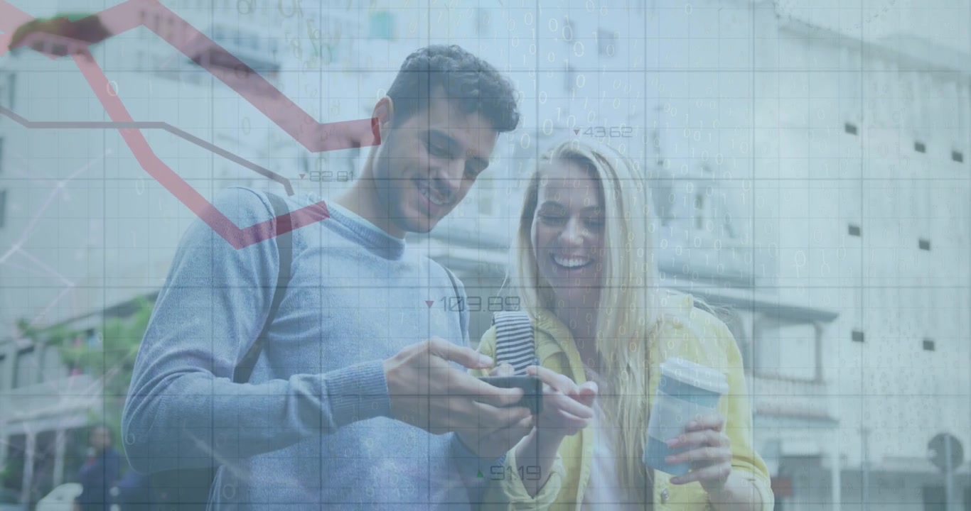 Animazione di elaborazione dati su una coppia caucasica che usa lo smartphone